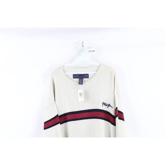 NOS Vtg Phat Farm Mens 2XL Striped Spell Out Script Marled Knit Sweater Cream